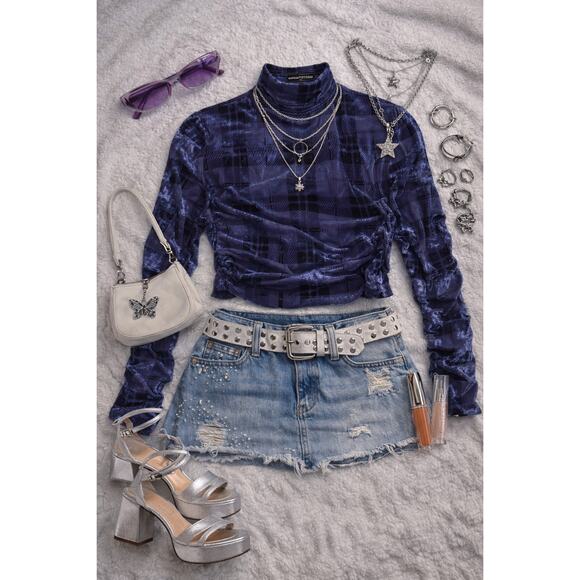 Urban Outfitters Tops - Urban Outfitters Y2K Blue Velvet Plaid Ruched Top Size M - Used Good Condition